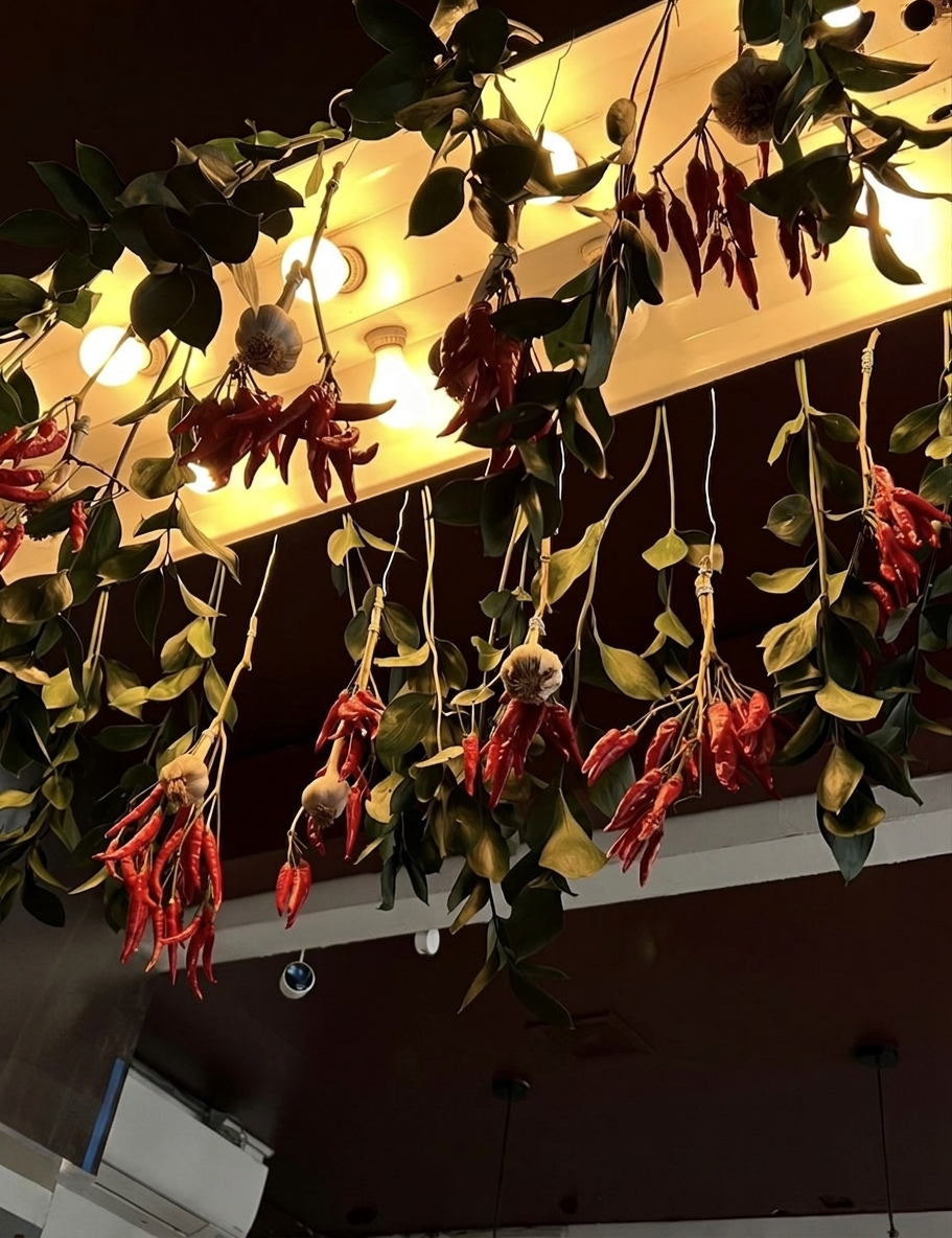Hanging chilies and garlic with warm ambient lighting